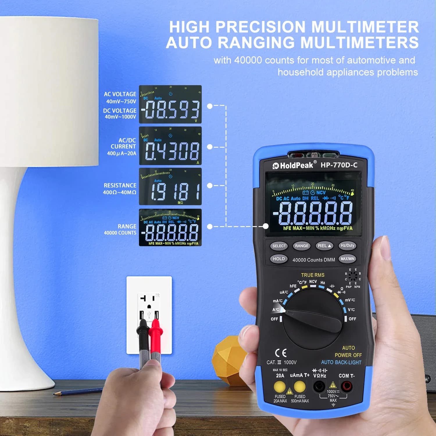 770D-C High-Accuracy NCV AC/DC Voltage/Ohm Tester Digital Multimeter 40,000 Counts, Color Screen Auto-Ranging True RMS