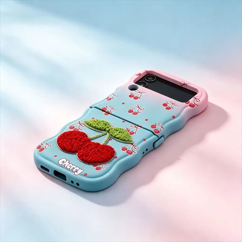 Z Flip7 Case Cute Embroidery Cherry Phone Case For Samsung Galaxy Z Flip7 Z Flip6 Z Flip5 Z Flip4 Z Flip3 Cartoon Soft TPU Cover