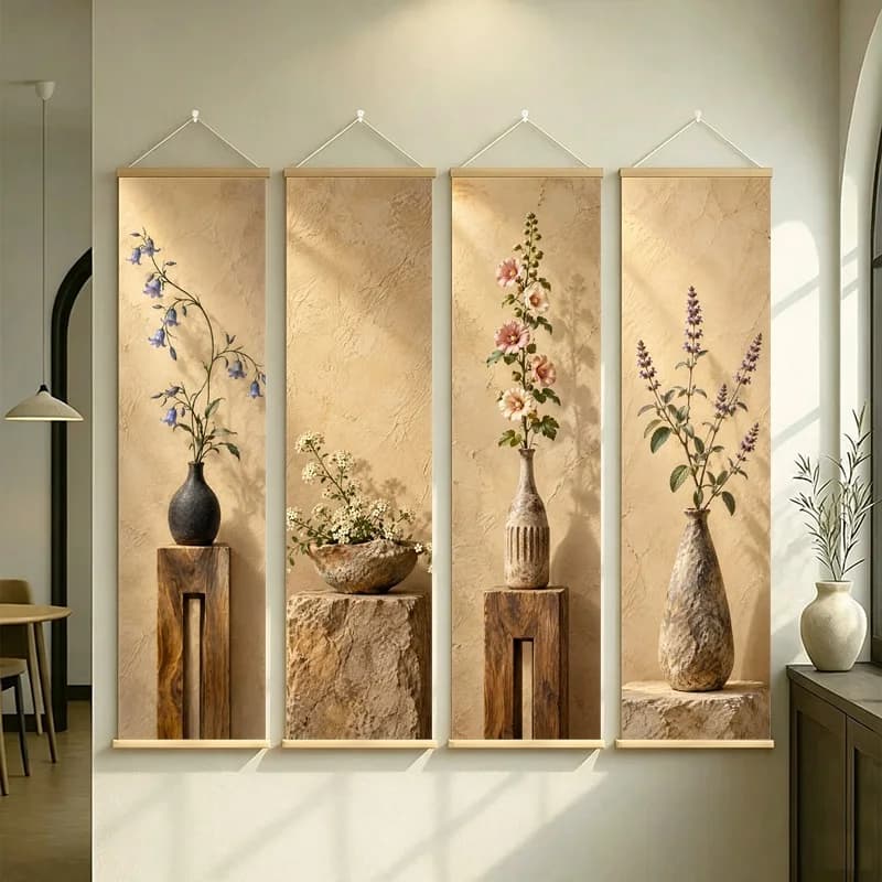 Wall Art Bluebell and Hollyhock, Serene Wabi-Sabi Botanical Silver Shimmer Canvas Hanging Scroll for Boutique Hotel Decor