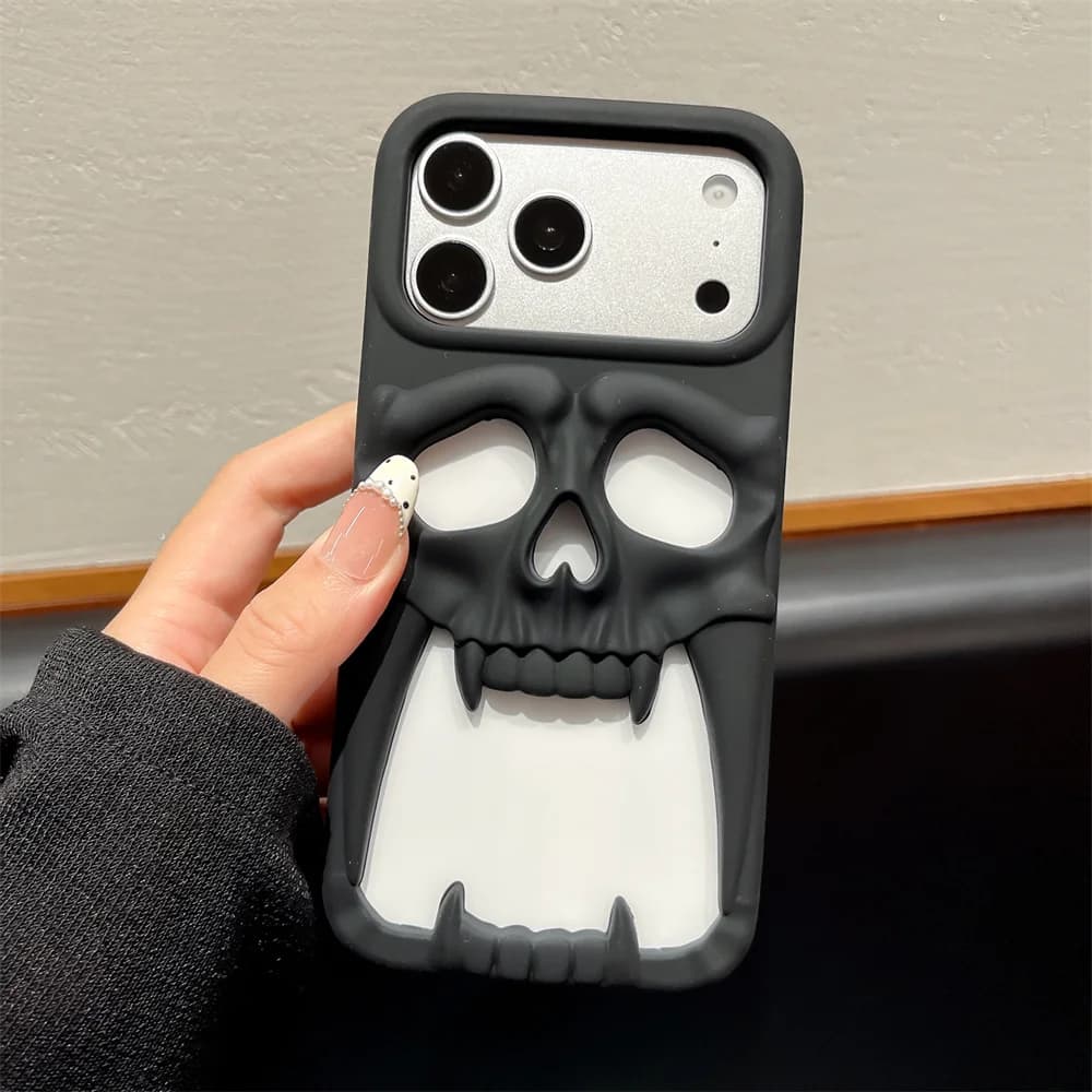 Y2K Hollow Fanged Skull Phone Case for 17 Pro Max Edgy Skeleton Luminous Soft Silicone Protective Cover for iPhone 16 15 14