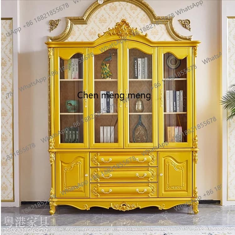 European solid wood carving flower cabinet American villa living room decorative cabinet champagne gold locker