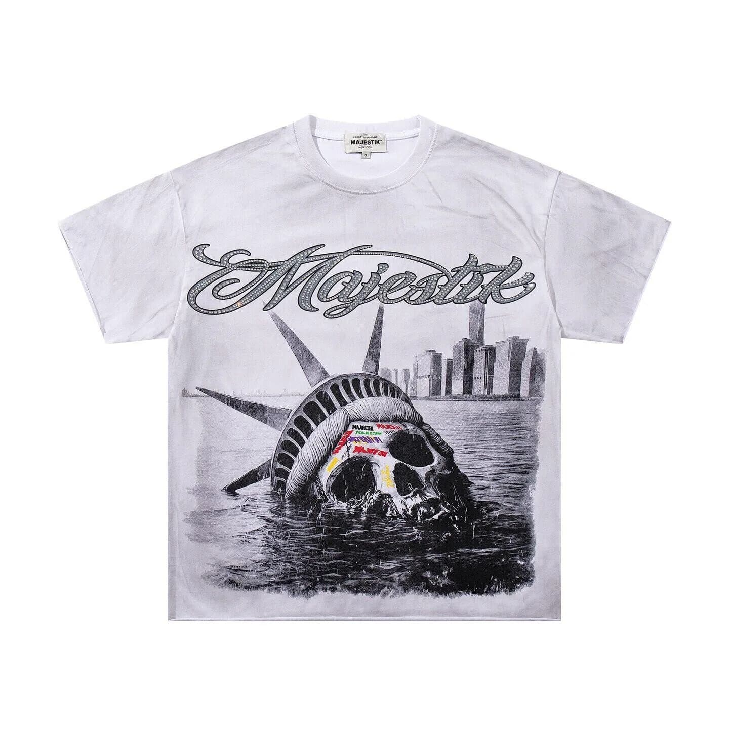 MAJESTIK Hip-Hop Style Beaded Short-Sleeved T-Shirt for Men and Women, Loose-Fitting Street Casual Skull-Head Printed Top