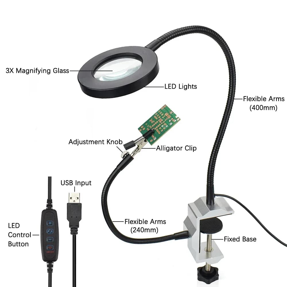 3x Magnifying Glass with Light Soldering Iron Stand Vise Two-jaw Combination Tools with Flexible Black Shaft Magnifier Loupe
