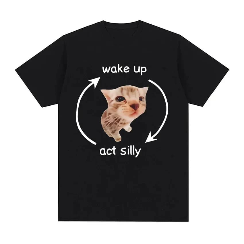Wake Up Act Silly Meme Graphic T Shirt Funny Cute Cat Print Short Sleeve T-shirt Men Women Casual 100% Cotton T Shirts