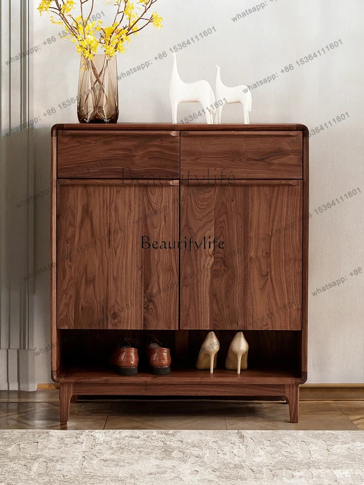 56North America Black Walnut Solid Wood Shoe Cabinet Large Capacity Storage Organizer Nordic Simple Entrance Cabinet