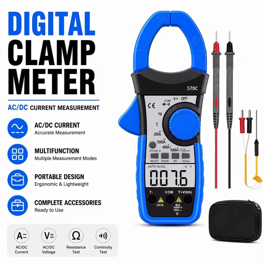 Digital Clamp Meter 1000A AC/DC True RMS Auto-Ranging NCV 4000 Counts Backlight Capacitance Temperature Frequency 45mm Jaw HVAC