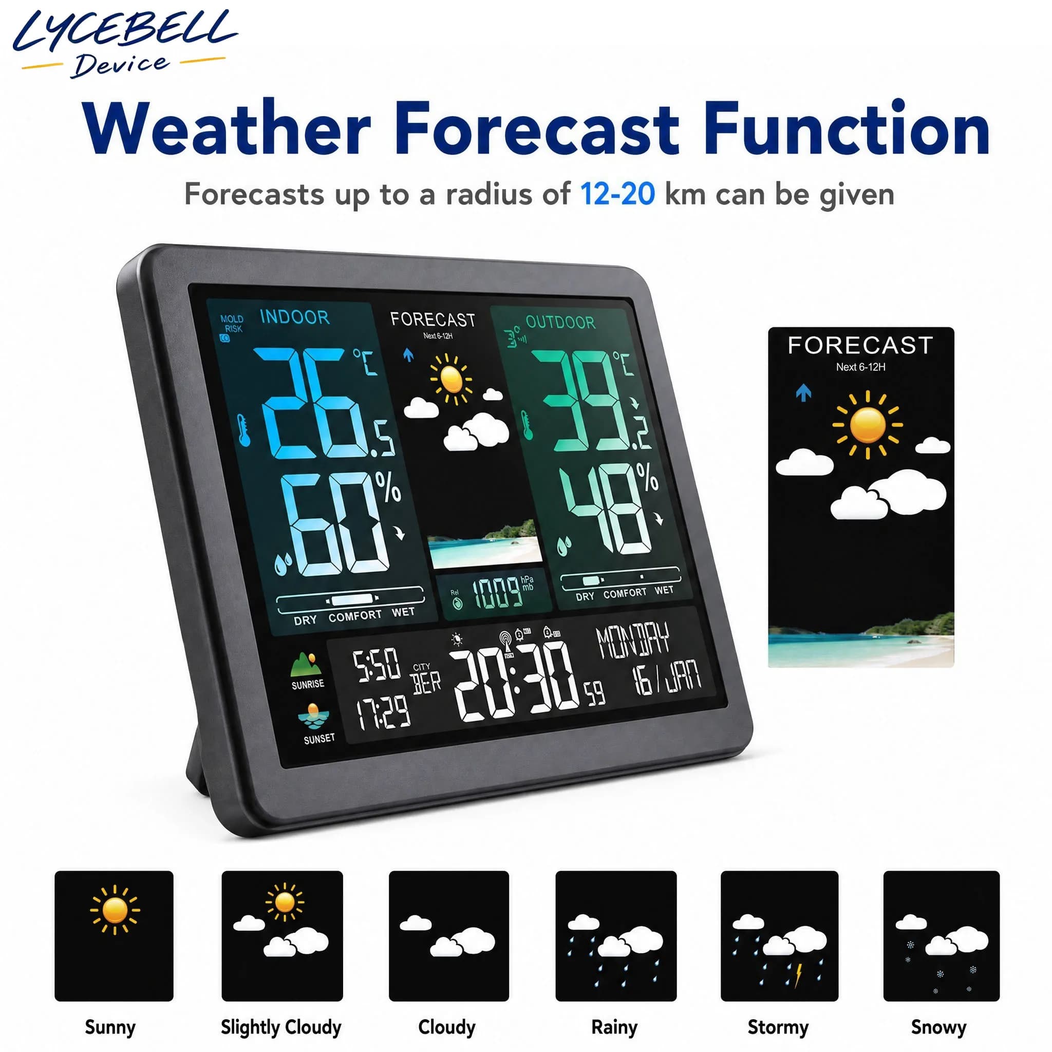 3566BN Digital Weather Station Clock Wireless Indoor Outdoor Thermometer Hygrometer Alarm Weather Forecast Barometer 3CH Sensor