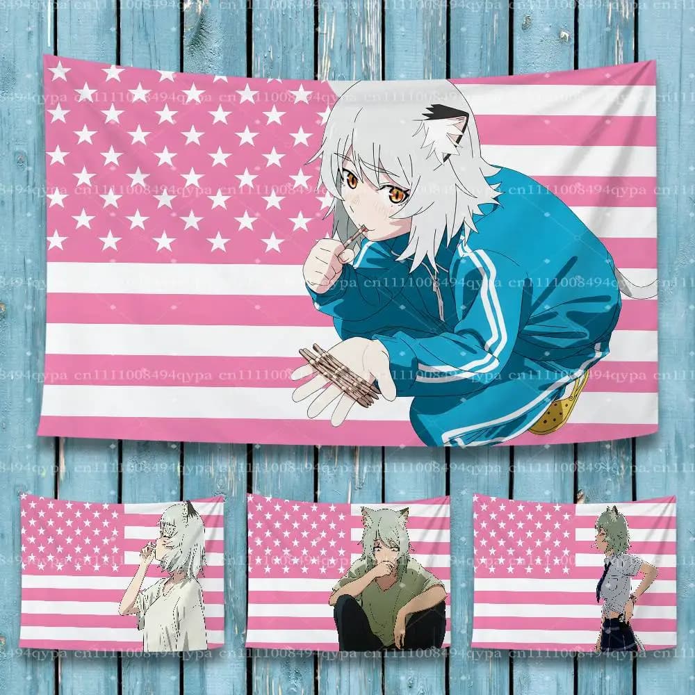 Yani Neko C-Chainsmoker Cat American Flag Tapestry For College Dorm Room Outdoor Parties Yard for Bedroom Decor Four Grommets