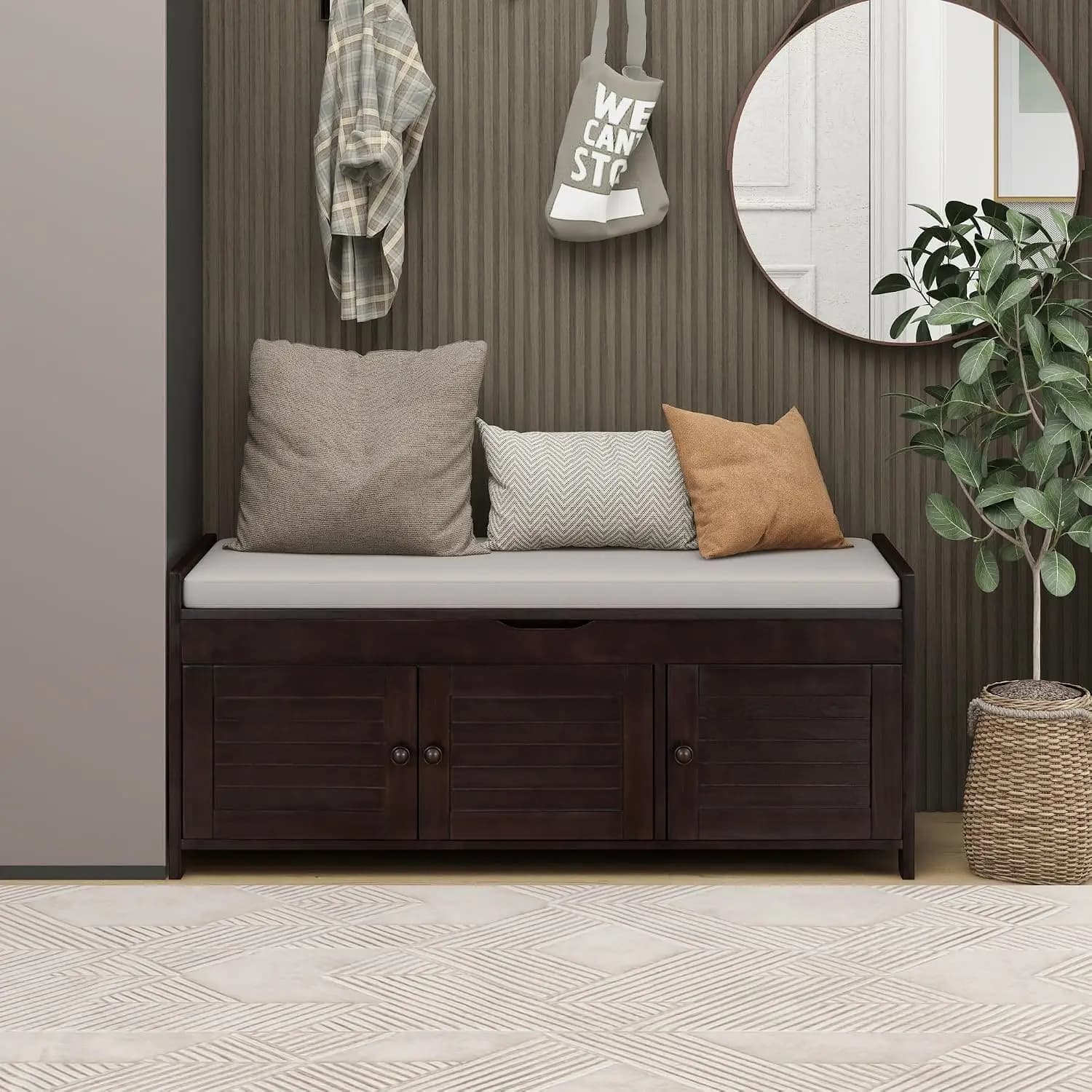 Storage Bench with 3 Shutter Shaped Doors, Wooden Shoe Bench with Removable Cushion and Hidden Storage Space, Espresso