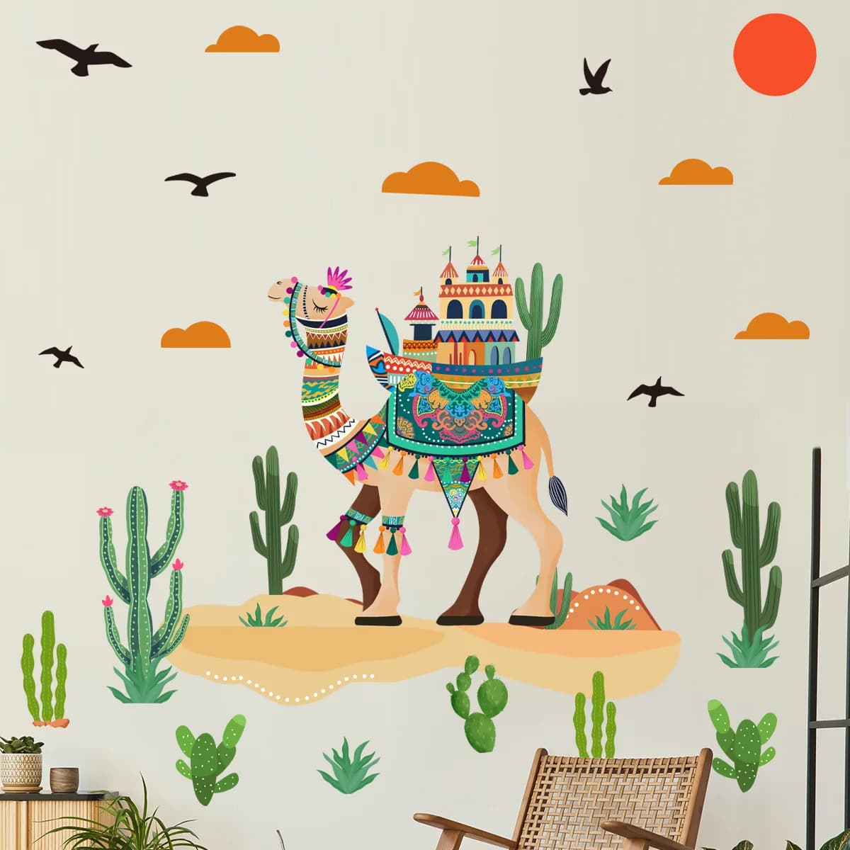 Desert Adventure Wall Decals - Cartoon Camel & Cactus Decor for Living Room & Bedroom