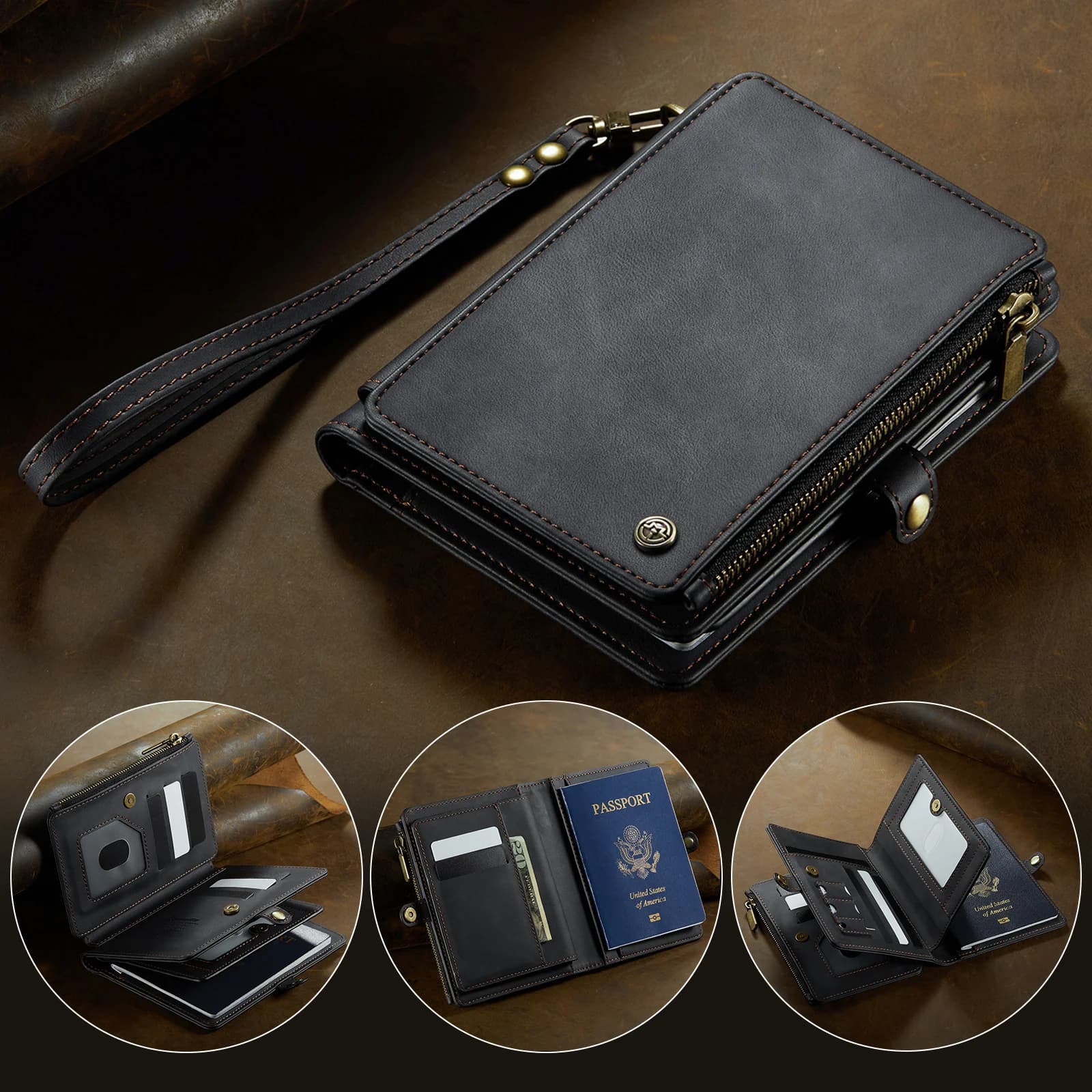 Caseme Passport Holder for Travel, Passport Case Wallet With Strap Wristlet and Zipper Wallet for Men Women Retro Multi-function