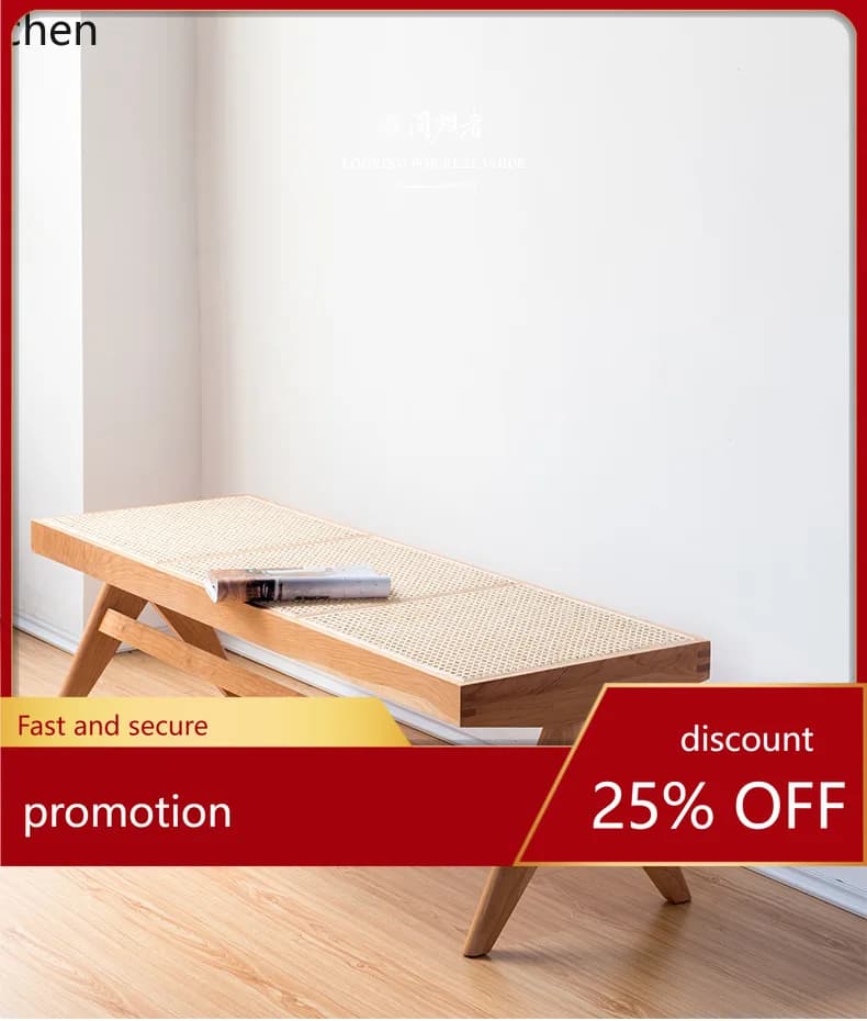 CZ Solid Wood Rattan Long Stool Dining Chair Vintage Style Entryway Shoe Changing Stool