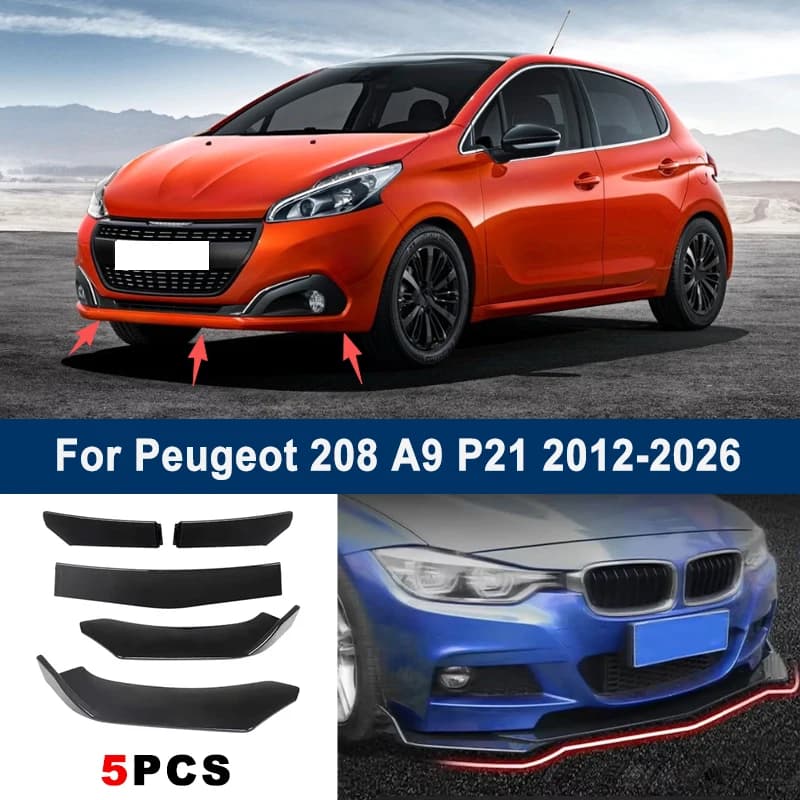 5Pcs Adjustable Sectional Front Bumper Lip Spoiler Splitter For Peugeot 208 A9 P21 2012-2026 2013 2014 Car Exterior Mod Parts