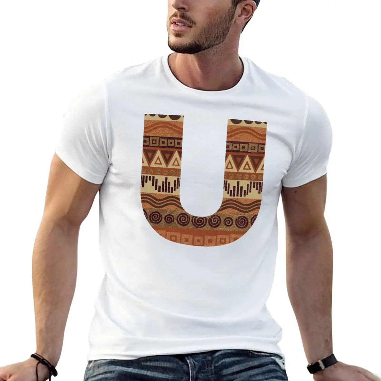 Letter U Leather Look Pattern Tribal Ethnic Monogram Initial T-Shirt for a boy cotton graphic tees black t-shirts for men