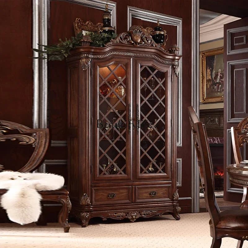 yj7  European pure solid wood household display cabinet against the wall storage cabinet two doors engraved