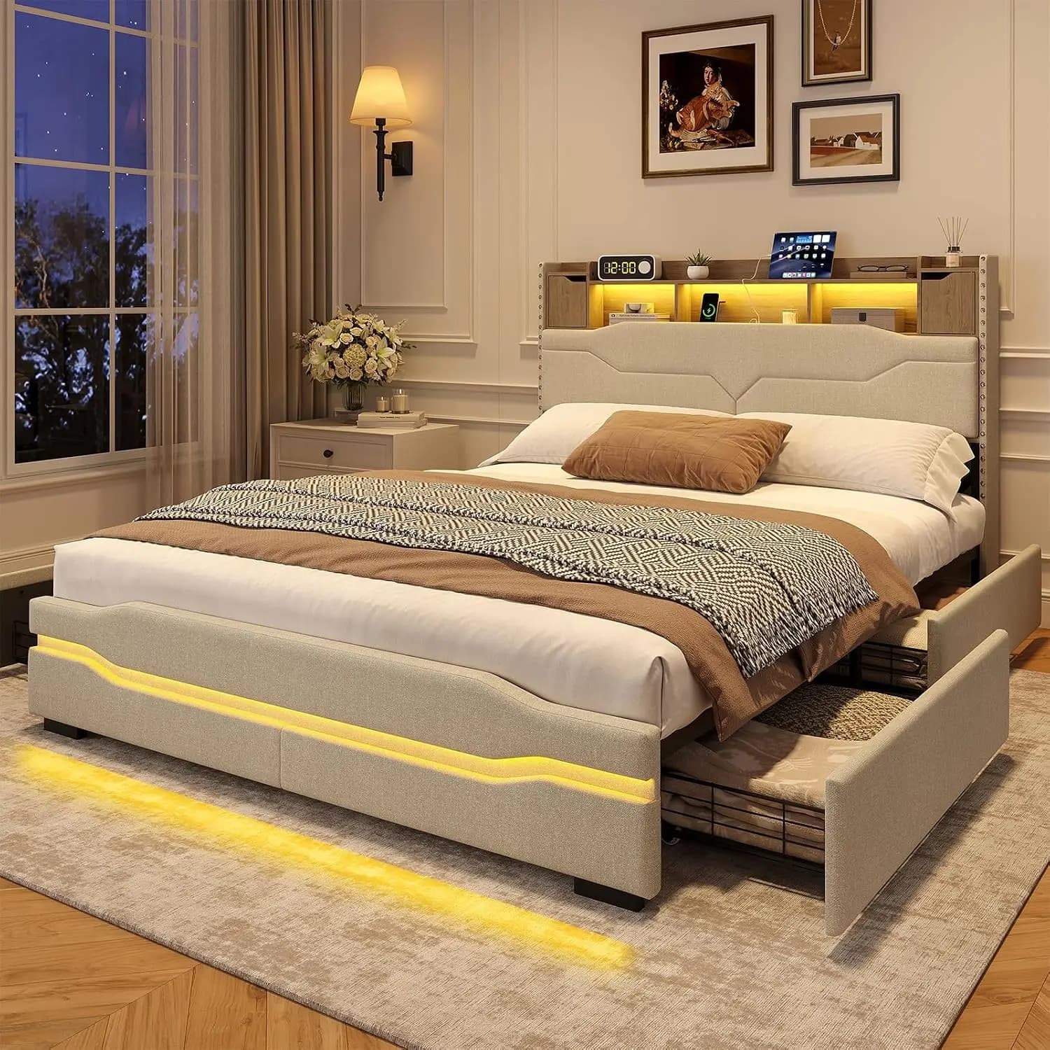 Full Bed Frame with Storage Headboard and Charging Station,4 Drawer | 4 Underbed Drawers and LED Lights, Customized