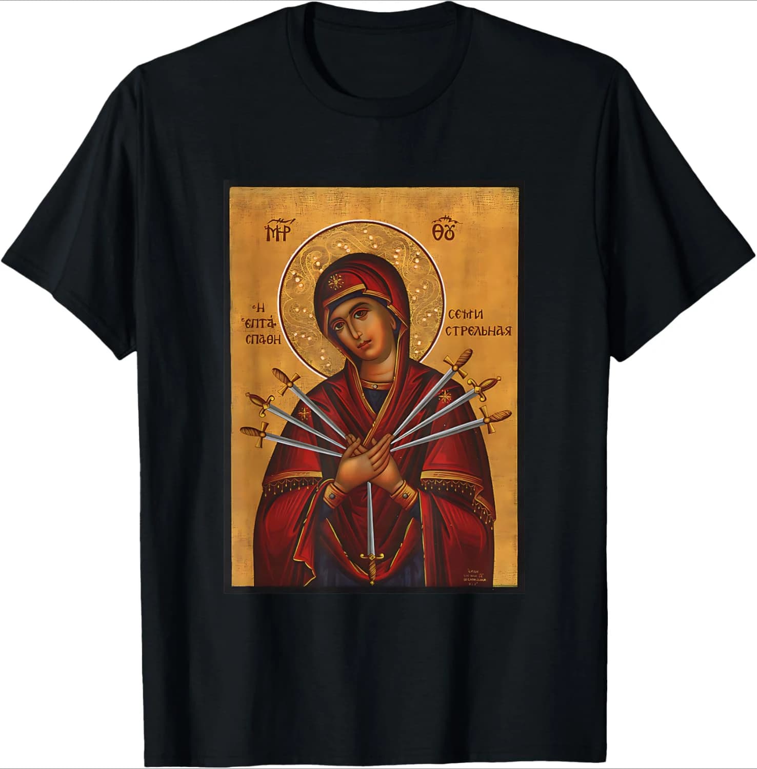 Theotokos Mother Mary Eastern Orthodox Byzantine Art Church design-100% cotton O-neck short sleeve printed men's T-shirt.