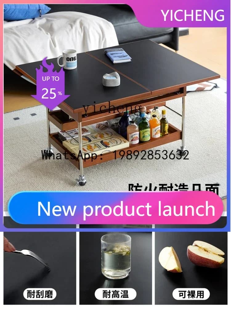 X1  folding coffee table medieval solid wood removable retro side table Nordic small apartment living room trolley
