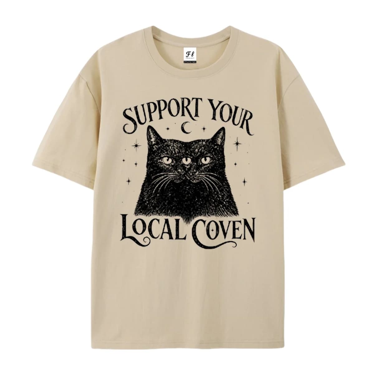 Support Your Local Coven Graphic T‑Shirt Three‑Eyed Black Cat Moon Star Retro Vintage Witchy Print Casual Halloween Unisex Tees