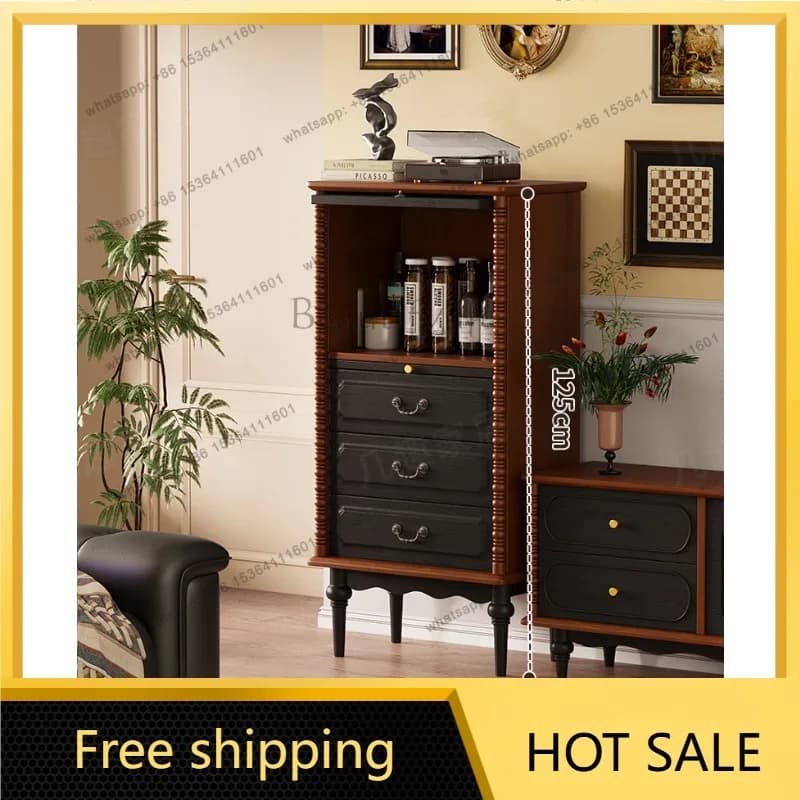 YJ Solid wood side cabinet French retro small apartment household premium three-bucket living room storage display dining side