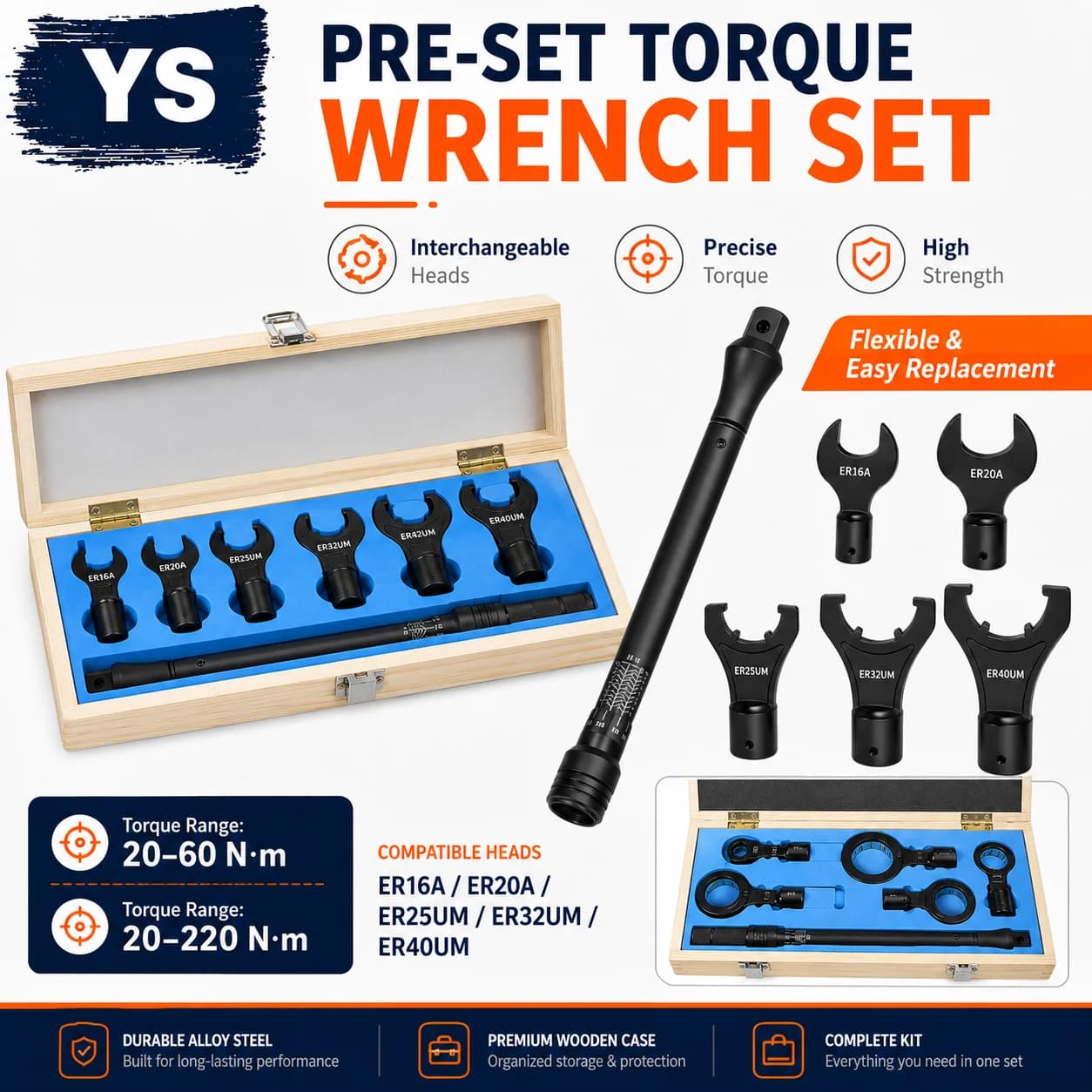 YS Precise CNC Torque Wrench Set 20-220Nm ER16A ER20A ER25UM ER32UM ER40UM Interchangeable Head CNC Tool Holder Spanner