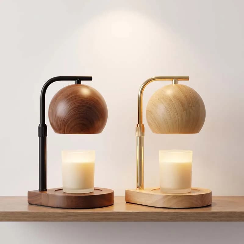 Nordic Minimalist Adjustable Height Flameless Dimmable Wood Grain Iron Shade Candle Warmer Lamp for Bedroom Home Decor