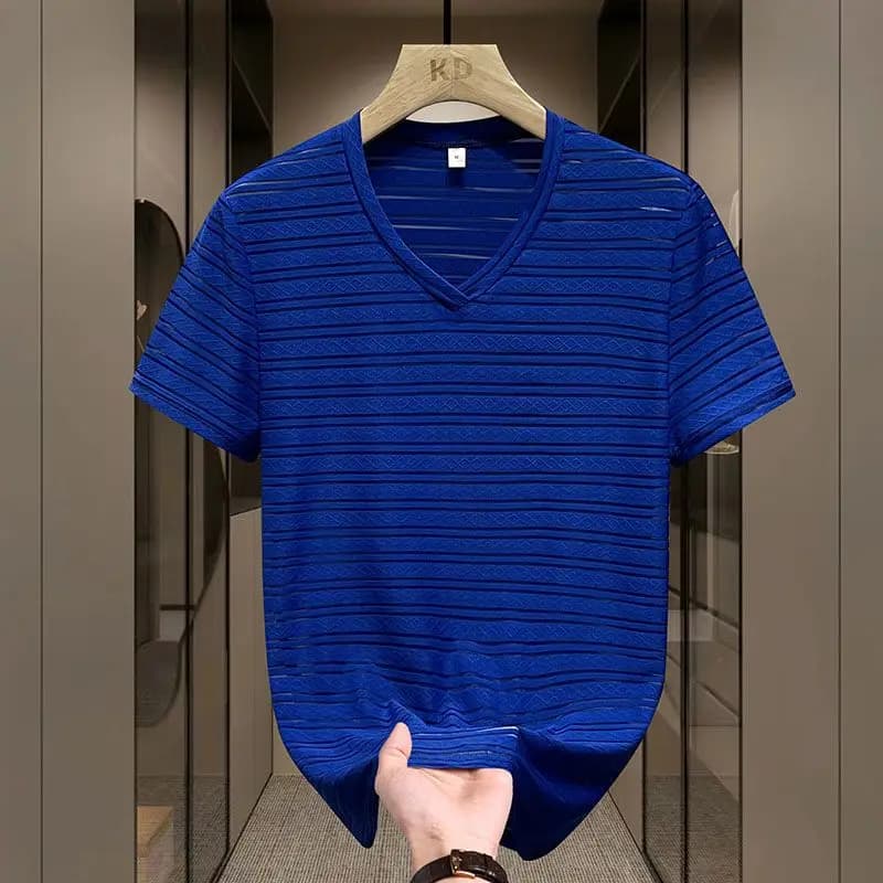 Fashion V-Neck Solid Color Spliced Hollow Out T-Shirt Men Clothing Summer New Loose Short Sleeve Casual Tops Punk Tee Shirt