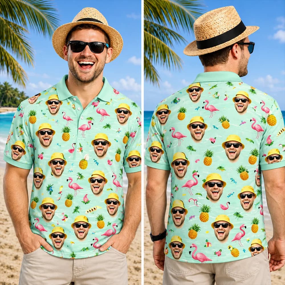 Custom Face Hawaiian Polo Men 3D Pineapple Flamingo Tee Personalized Photo Beach Tops Vacation Tropical Party Casual Funny Gift