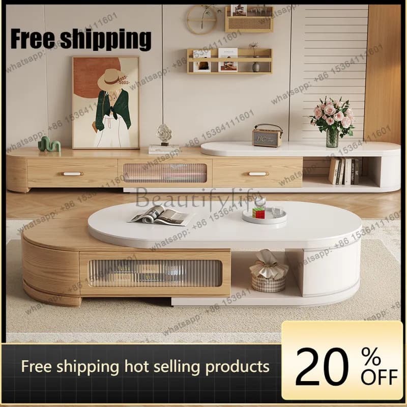 Factory Direct Sales Solid Wood Log Wind Oval Telescopic Coffee Table TV Cabinet Combination Slate Simple