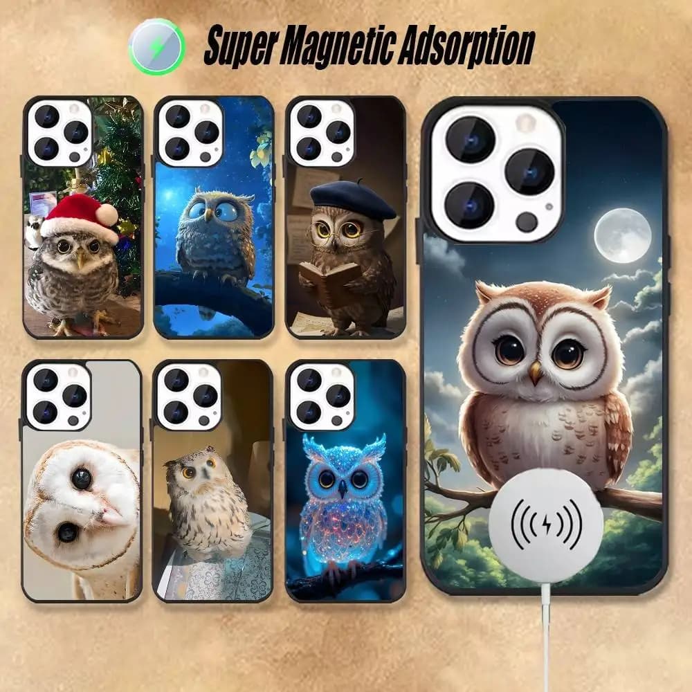 Cute Owl Shockproof Black Phone Case For iPhone 17,16,15,14,13,12,11,Pro,Max,Plus,Mini,SE4,E Magnetic Wireless Charging