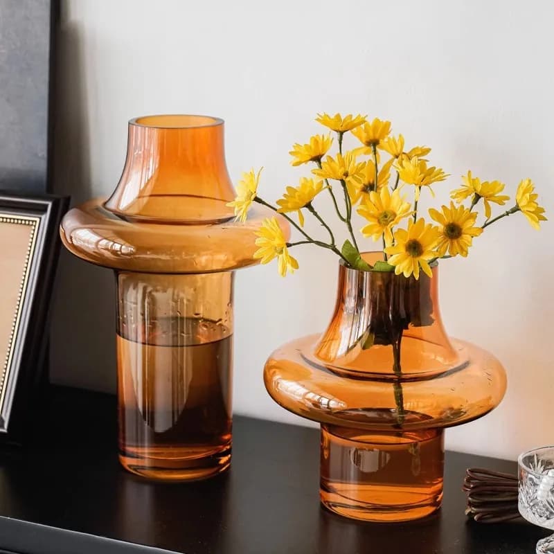 Amber Glass Vase Retro Light Luxury Table Decoration Ornament Flower Vase Arrangement Accessories Home Decoration Flower Holder
