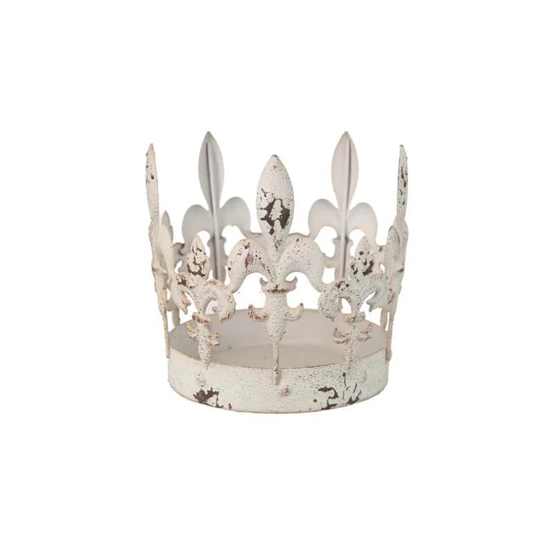 Vintage Metal Crown Candle Holder, Distressed Iron French Farmhouse Decor, Decorative Tabletop Planter Tray