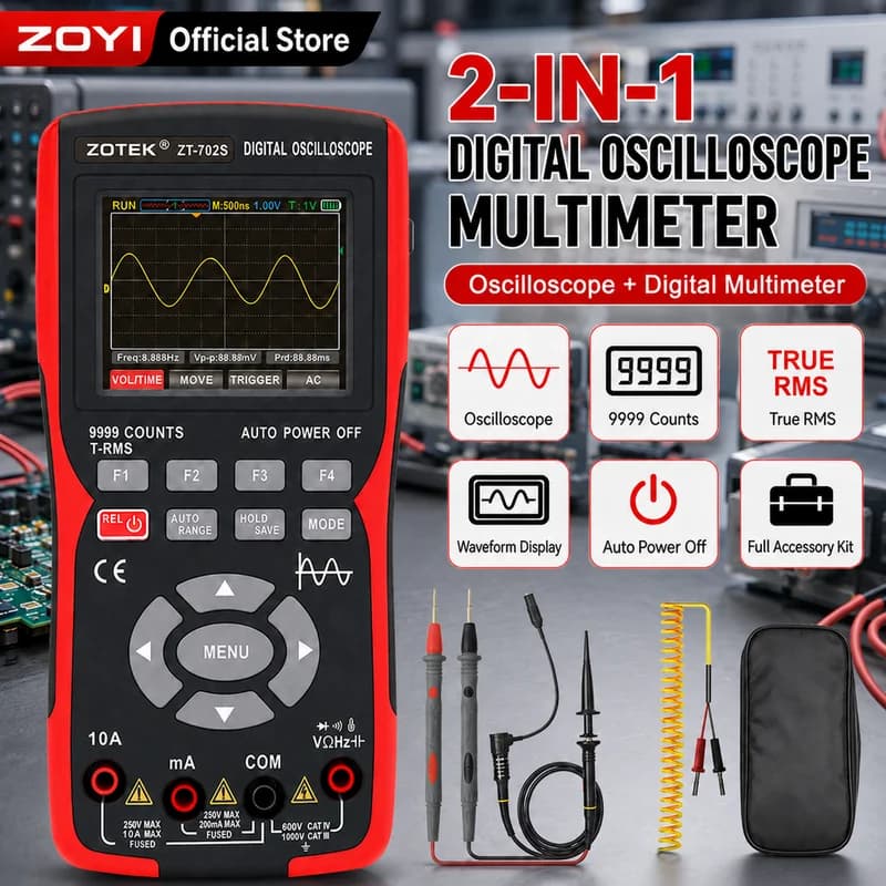 ZOYI ZT‑702S 2‑in‑1 Handheld Oscilloscope Multimeter 9999 Counts True RMS 10MHz 48MSa/s Digital Scope for Repair Technicians