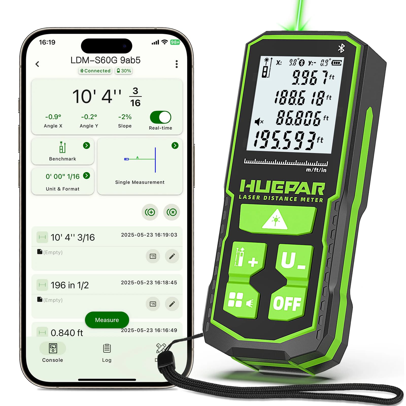 Huepar S60G-BT Green Laser Distance Meter With Bluetooth 60M/100M/120M Digital Laser Rangefinder with Angle Sensor & Cloth Bag