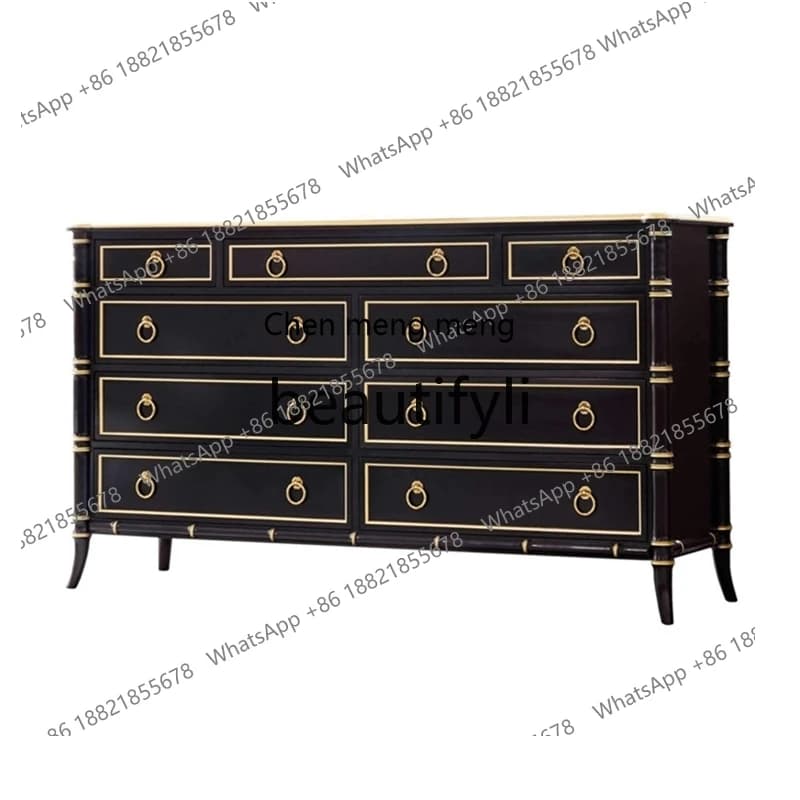 American light luxury chest, black gold-painted chest, secret cabinet, bedroom solid wood drawer cabinet customization  R