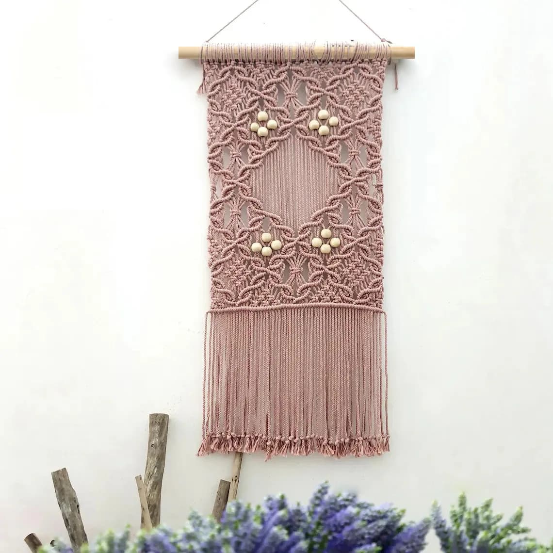 Pink And Green Macrame Wall Hanging with Wooden Beads Handmade Woven Tapestry Boho Home Decor for Bedroom Living Room