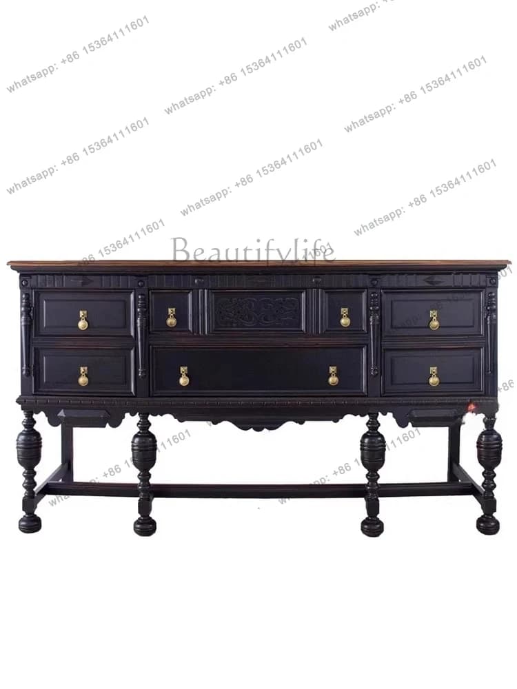 French retro solid wood decorative cabinet European home storage black carved dining side cabinet