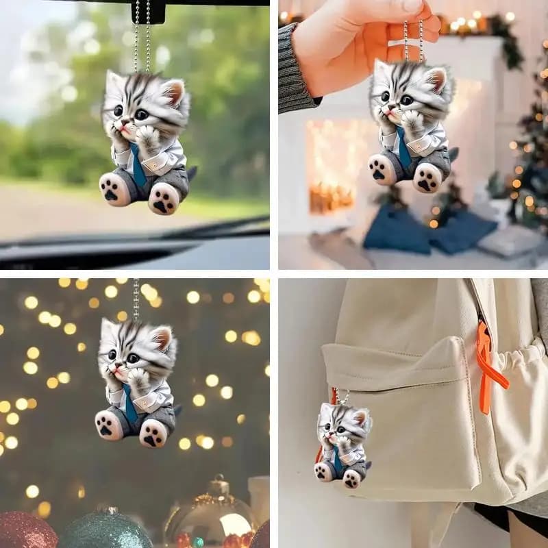 Realistic Cat Figurine Hanging Ornament with Chain, Car Rearview Mirror Pendant, Sweet Automobile Interior Decor Gift