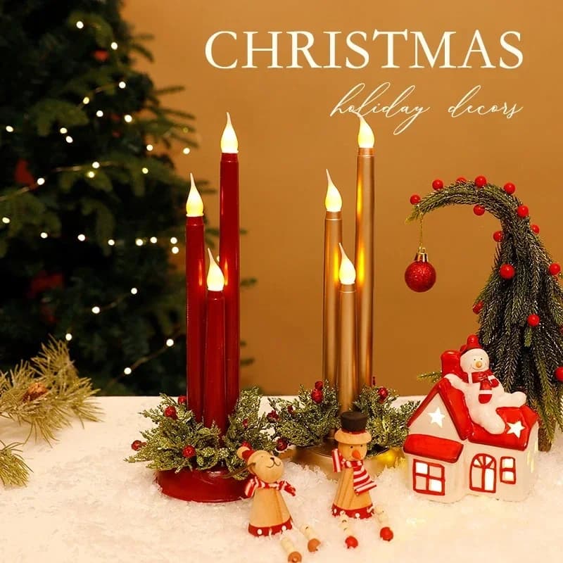 Festive Christmas Simulation Candle Lamp with Holder Battery Operated Flameless Night Light for Home Tabletop Holiday Decoration