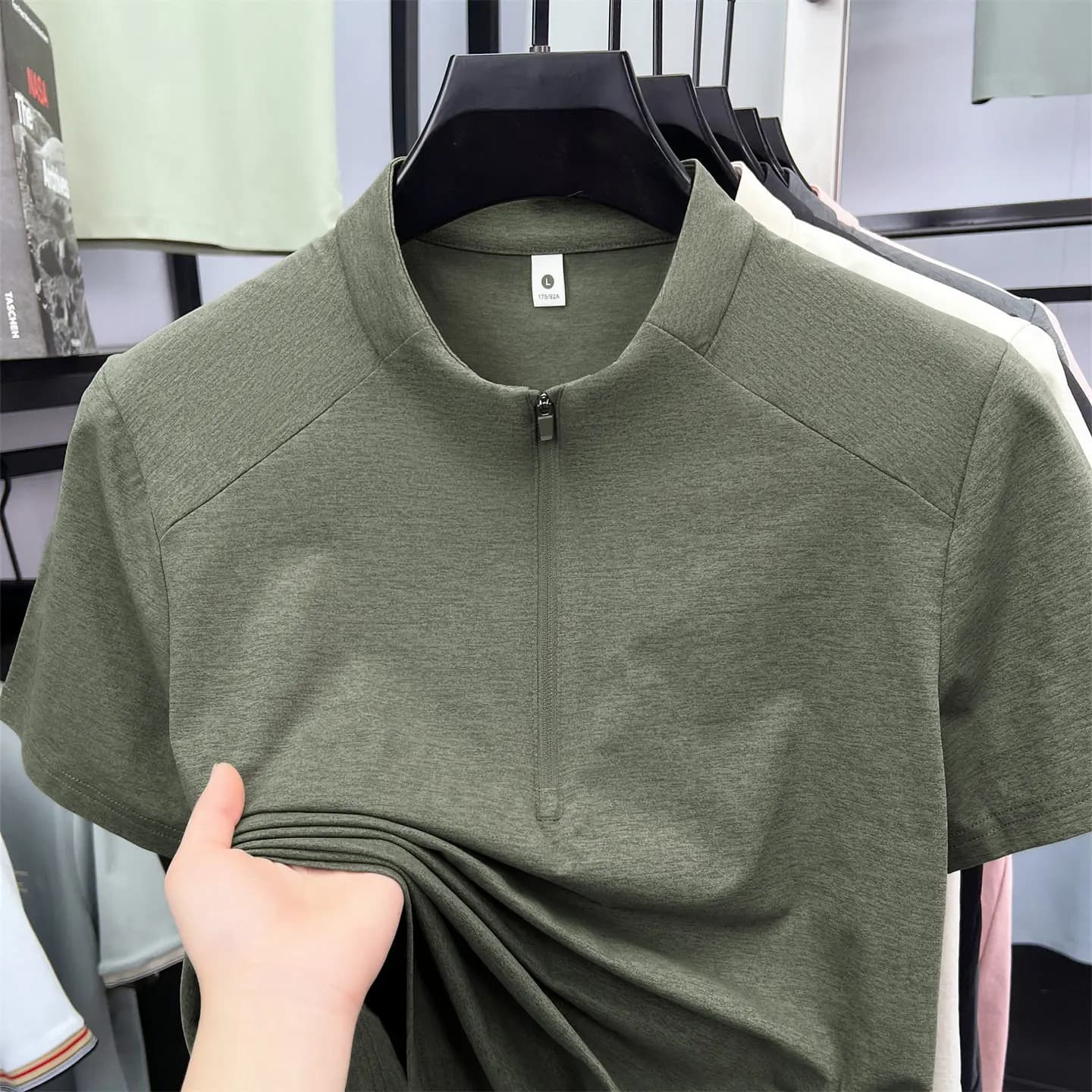 Polo Men's Casual Fashion Zippered Solid Color Short Sleeve Polo Shirt Stand up Collar Versatile Comfortable Top