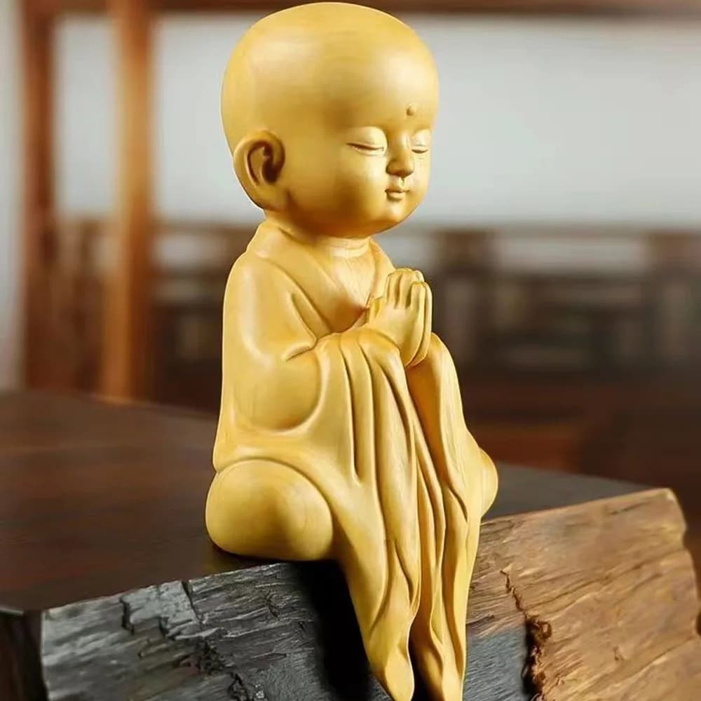Cypress Wood Carved Zen Meditating Little Monk Figurine Floating Craft Home Office Desktop Peaceful Decor Collectible Ornament