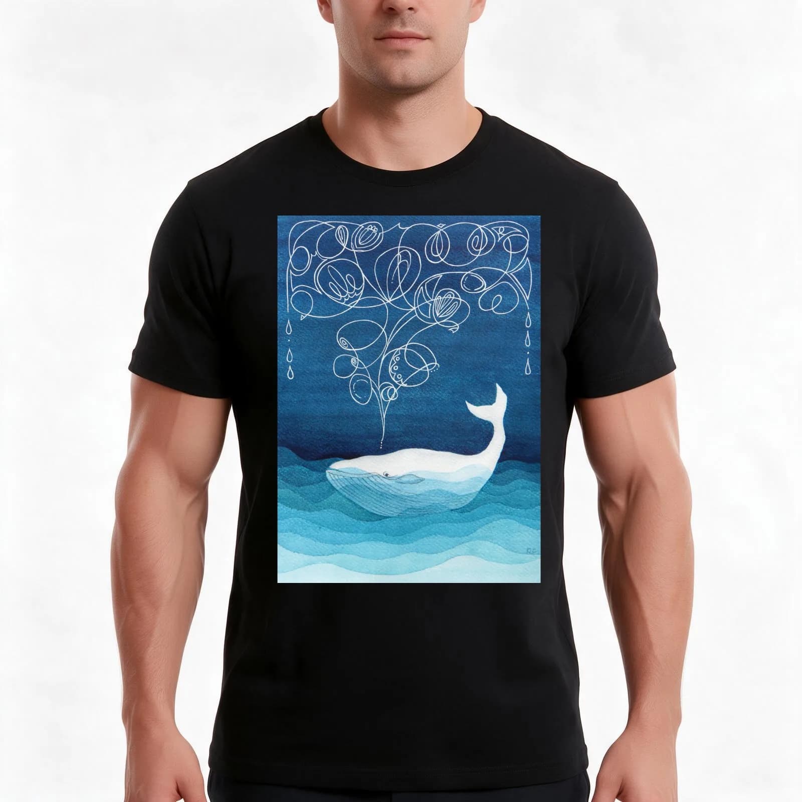 Happy whale, animals, sea creature, teal blue watercolor T-Shirt, Summer Casual Cotton Tee, Oversized Streetwear Tops