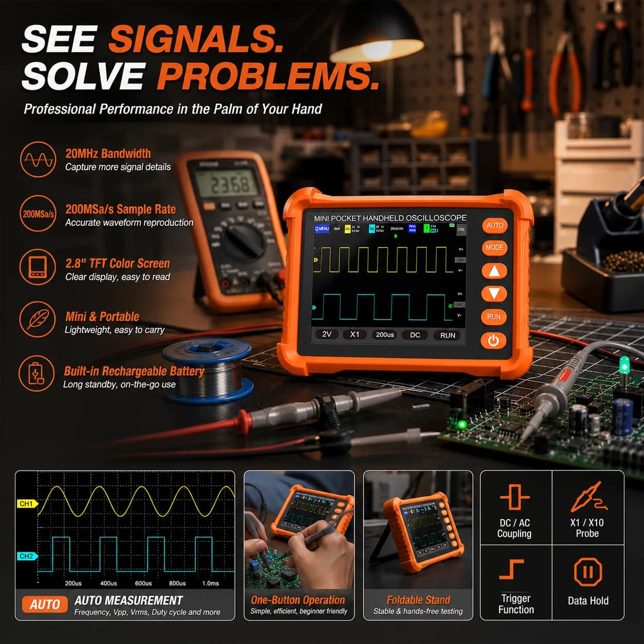 Handheld Digital Oscilloscope 2.5MS/s 500kHz Bandwidth 2.8" LCD Portable Mini Oscilloscope for Car Repair Electronic Education