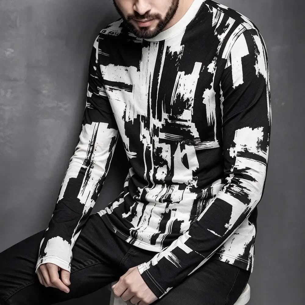 Retro Men's Long Sleeve T-shirt Black White Abstract Brushstroke Full Print O-neck Top Unisex Streetwear Graffiti Art Casual Tee