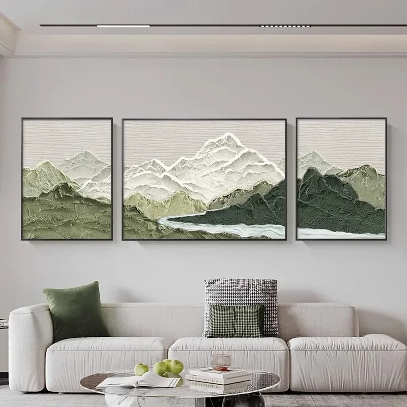 Wabi Sabi wind back with mountain decoration living room sofa background wall landscape triptych canvas painting