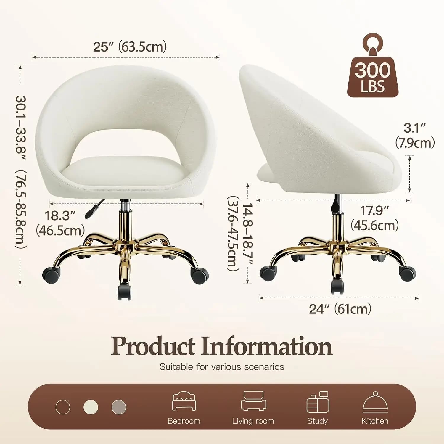 Vanity Chair with Wheels (Large), Golden Titanium-Plated Home Office Chair 300LBS, Modern Velvet Swivel Makeup Chair 360° Smooth