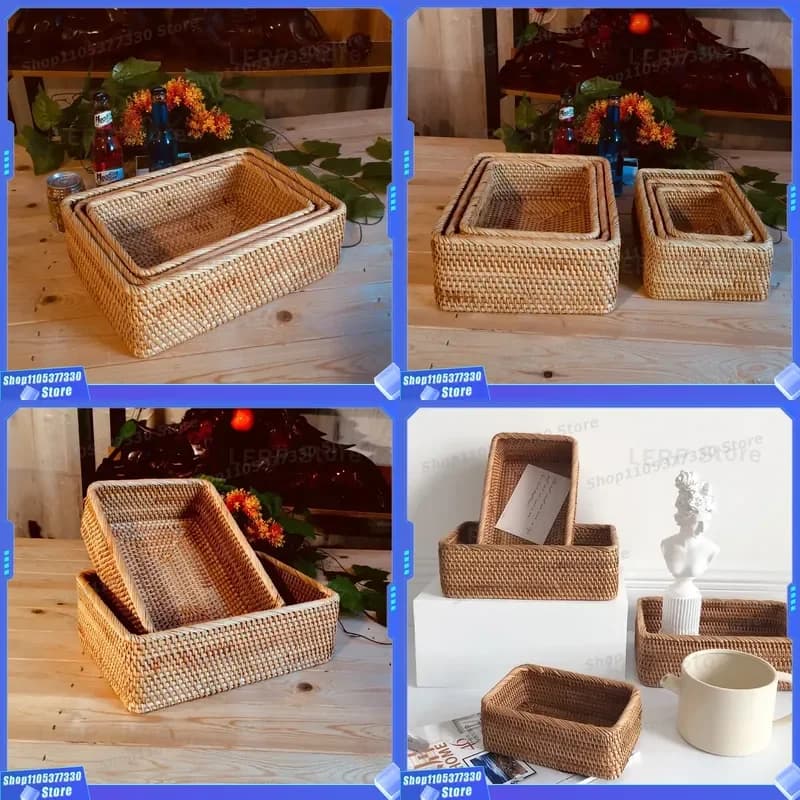 Large Rectangular Vietnamese Rattan Storage Basket for Fruit Snacks Candy Holder Natural Woven Organizer Box Wholesale Home