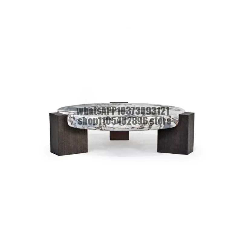 Cream wind tunnel stone coffee table round light luxury high-end living room home sofa creative marble medium ancient solid wood