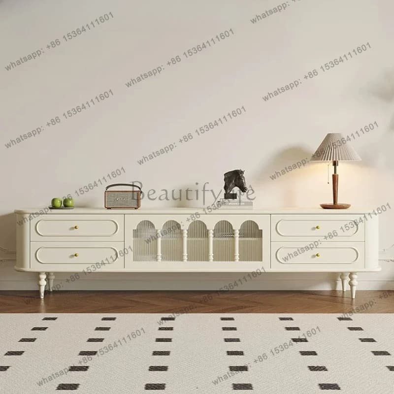 YJ French Cream Wind Solid Wood Paint TV Cabinet Modern Simple Small Apartment Milk White Floor Cabinet Living Room Furniture