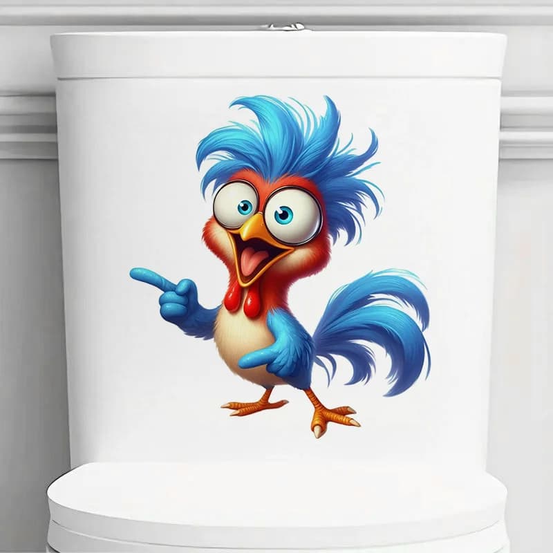 Funny Cartoon Rooster Toilet Lid Decal, Animal Print Self-Adhesive Sticker, Used for Cabinet, Window, Door, Wall